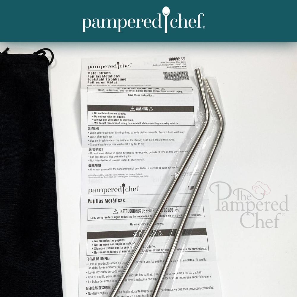 Pampered Chef - 2 Metal Straws / Bag / Instructions New but NO Brush Cleaner